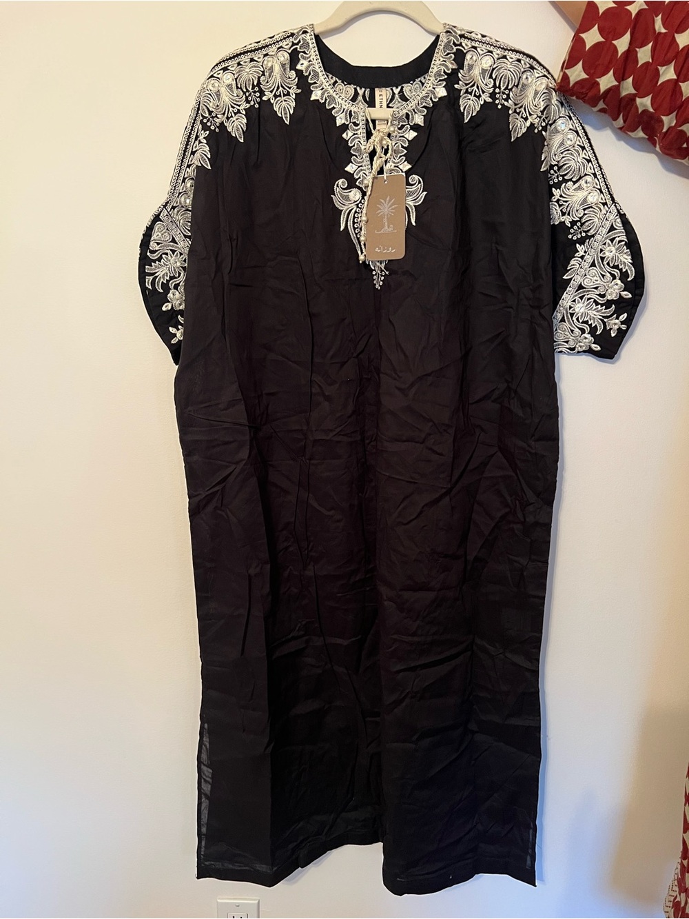 Black Embroidered Maxi Kimono with White Floral Detail
